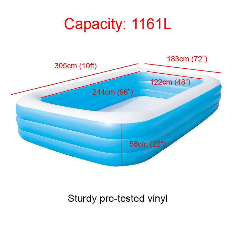 Family size inflatable swimming pool 3.05m with thick 3 layer material, durable outdoor rectangular blue pool