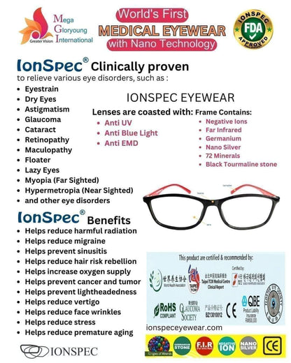 NANO IONSPEC M37B  M38B–The Medical Eyewear Spectacle Nature and science Frames has Lifetime Minerals Negative Ion Far InfraRed NanoSillver Germanium and 72 Minerals Anti Blue Light Anti Bluray Anti-Radiation Anti UV light Anti EMD astigmatism and vertigo