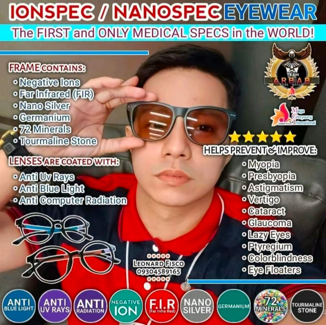 NANO IONSPEC M37B  M38B–The Medical Eyewear Spectacle Nature and science Frames has Lifetime Minerals Negative Ion Far InfraRed NanoSillver Germanium and 72 Minerals Anti Blue Light Anti Bluray Anti-Radiation Anti UV light Anti EMD astigmatism and vertigo