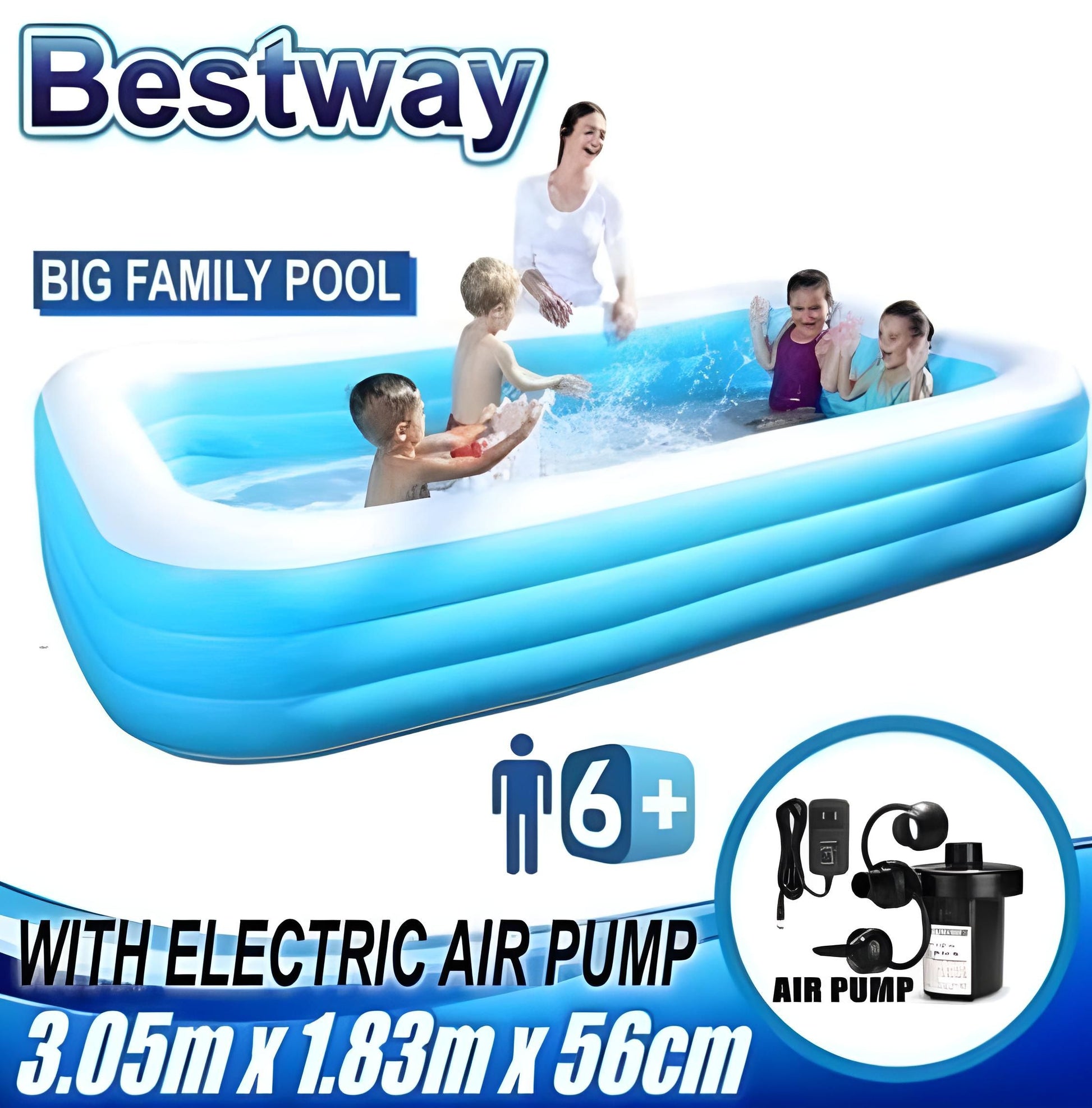 Rectangular inflatable swimming pool for family use, large size with durable material and included electric pump