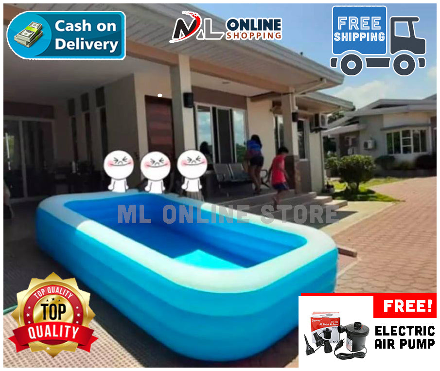 Bestway rectangular inflatable swimming pool for family use, durable outdoor design with free electric pump included