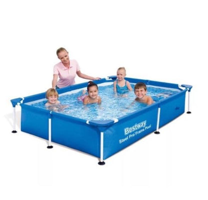 Foldable portable swimming pool with strong frame support, ideal for outdoor backyard use by kids and adults
