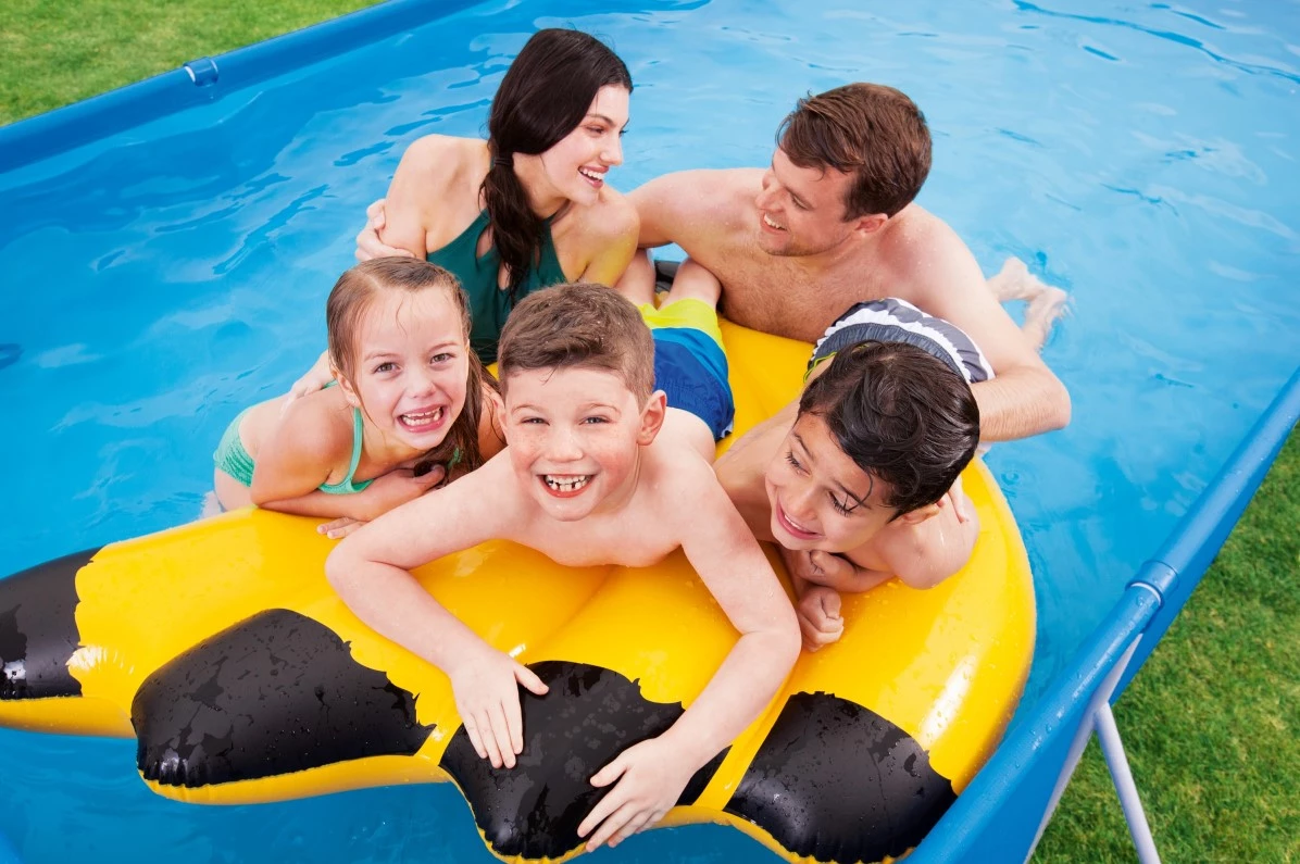 Portable rectangular pool with sturdy non inflatable frame, ideal for backyard use by kids and adults