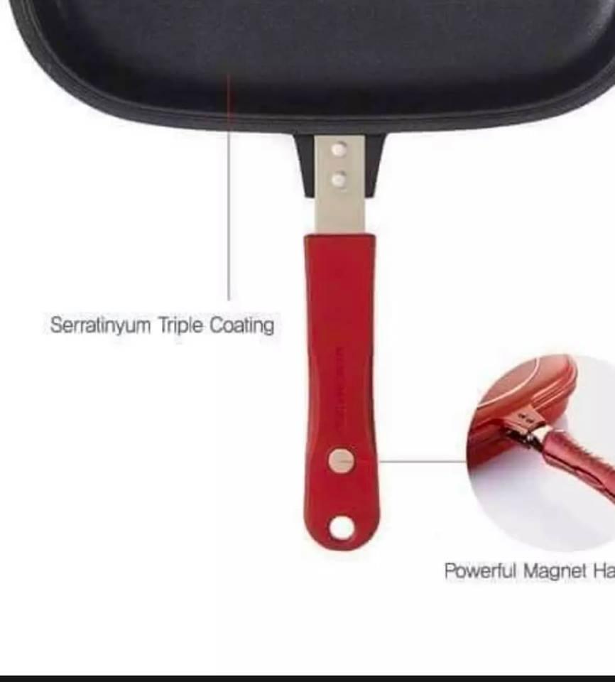 Double sided grill frying pan with locking design for flipping meats and vegetables