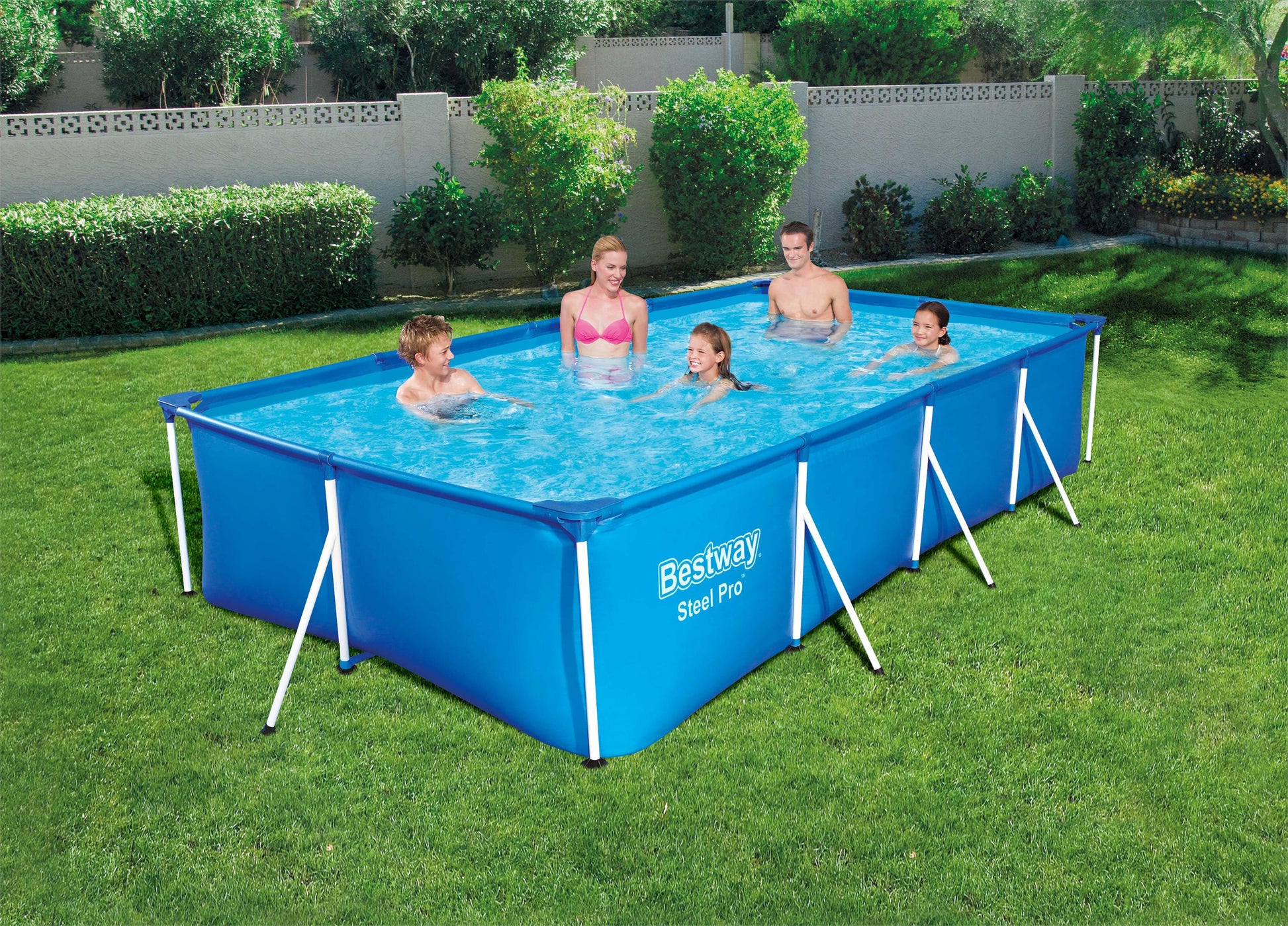 Portable above ground rectangular pool for family use, durable structure for outdoor summer water fun