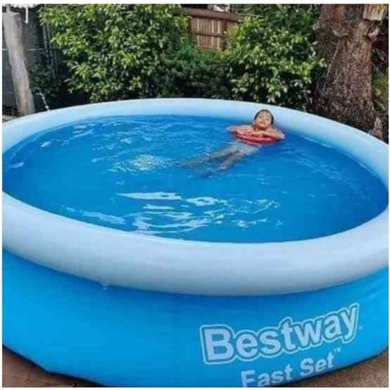 Circular pool with inflatable design, portable and easy to set up for backyard use by kids and adults