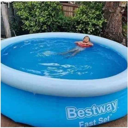 Circular pool with inflatable design, portable and easy to set up for backyard use by kids and adults