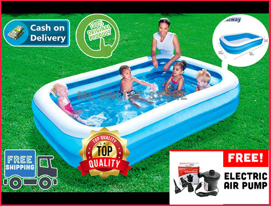 Rectangular inflatable swimming pool by Bestway with free electric pump, large family size outdoor pool setup