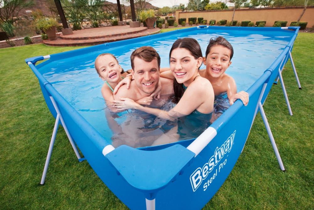 Rectangular swimming pool with portable frame build, designed for easy setup and backyard relaxation time
