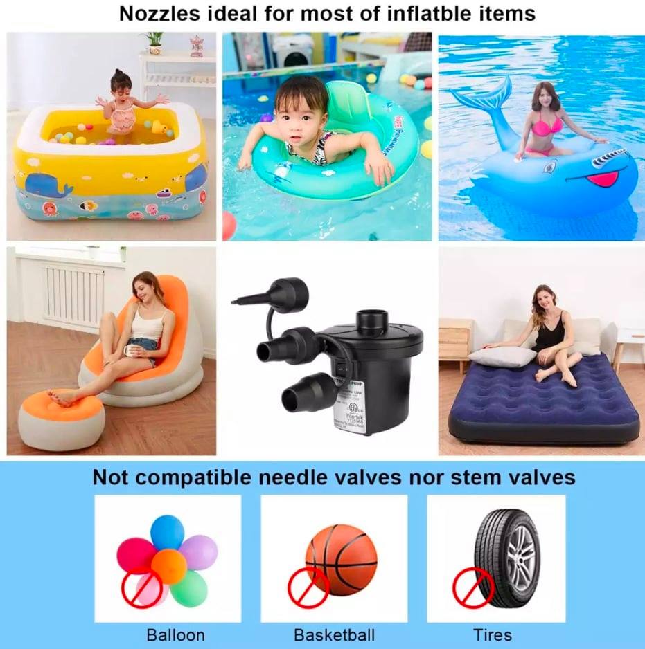 Portable electric pump for balloons inflatables and outdoor gear inflation tasks