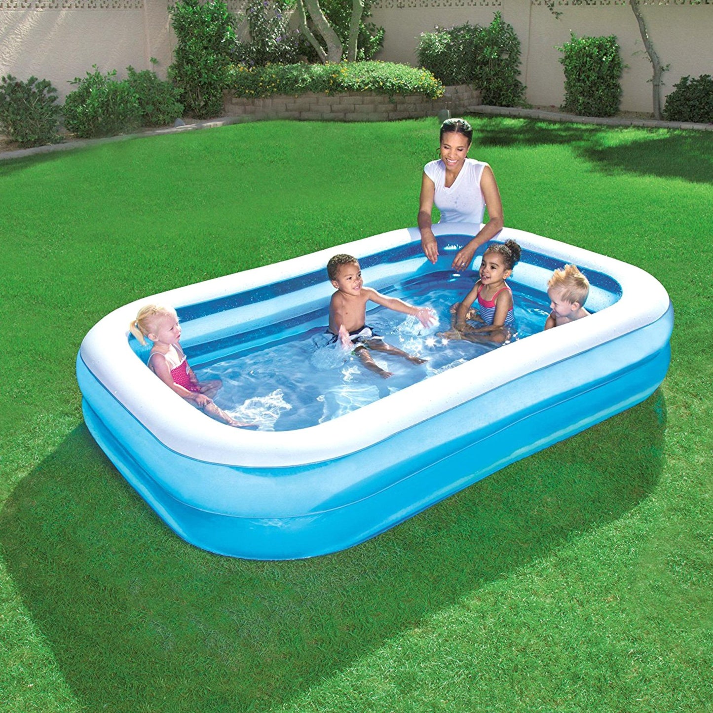 Family size rectangular inflatable swimming pool with strong side walls, perfect for outdoor garden and backyard use
