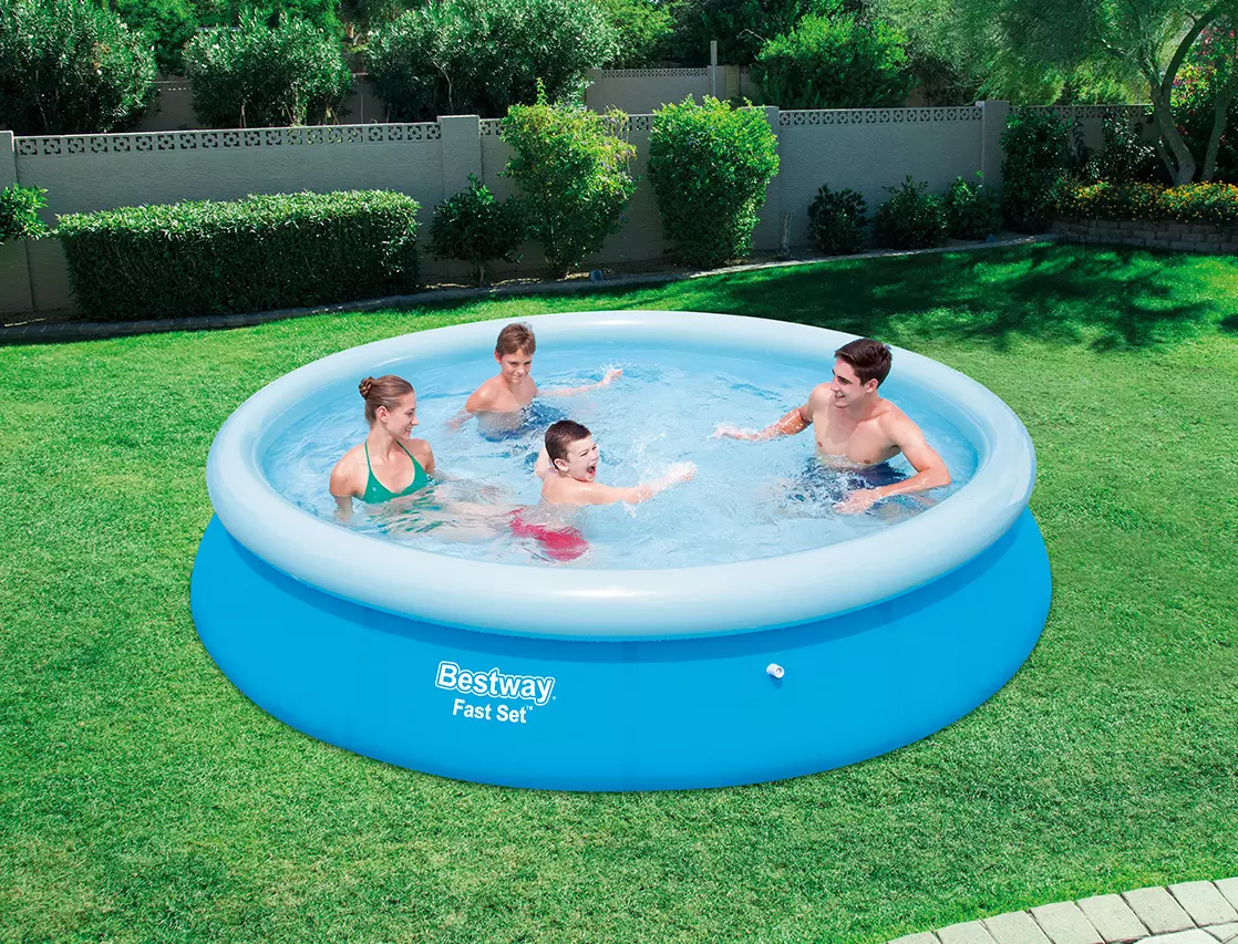 Portable round pool with inflatable walls, easy setup structure for backyard summer use and family water play