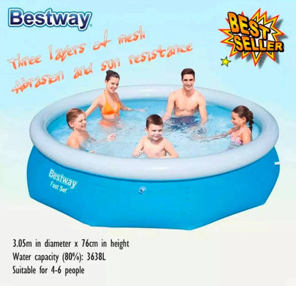 Circular inflatable pool with portable build, designed for outdoor use with spacious and comfortable water space