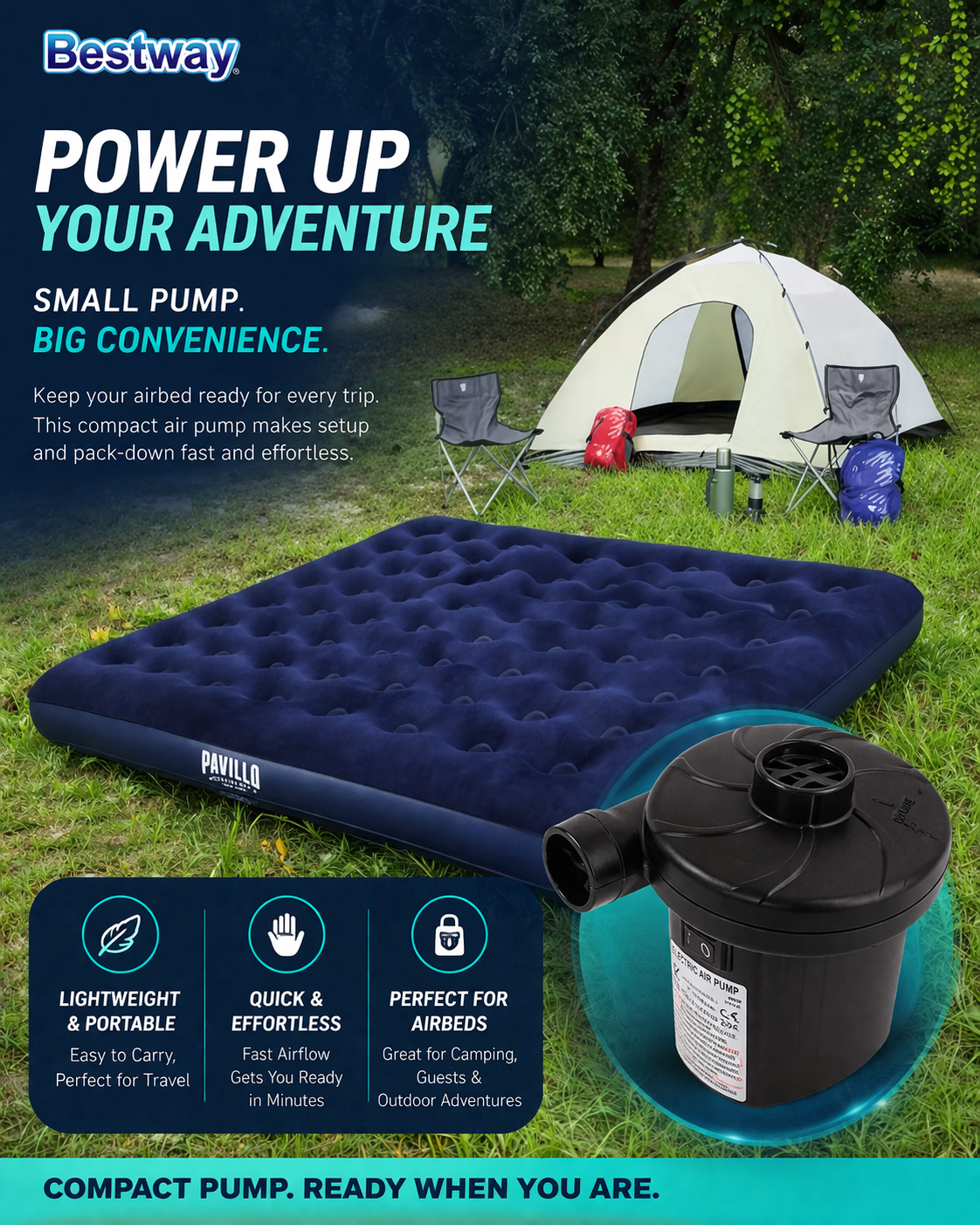 Portable electric air pump with high power motor for fast inflation of air mattresses