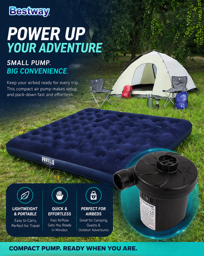 Portable electric air pump with high power motor for fast inflation of air mattresses