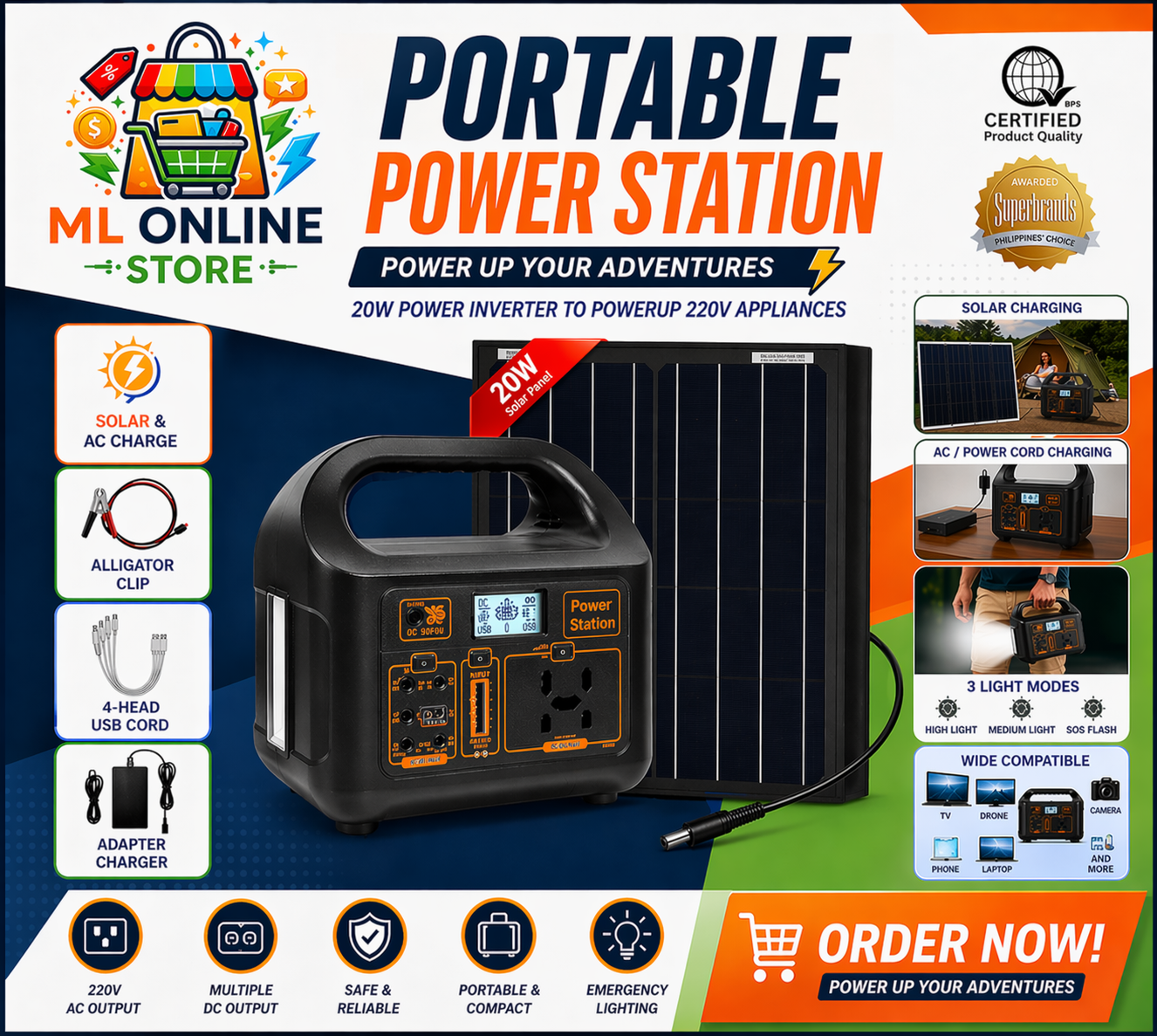 Solar generator with panel system for charging appliances during outages and outdoor use