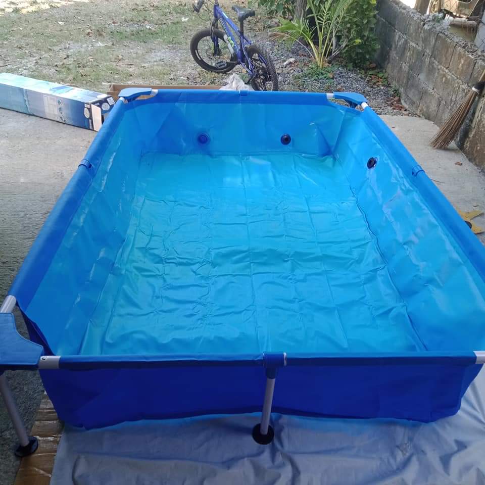 Portable pool with reinforced frame structure, non inflatable design for stable and durable outdoor water use
