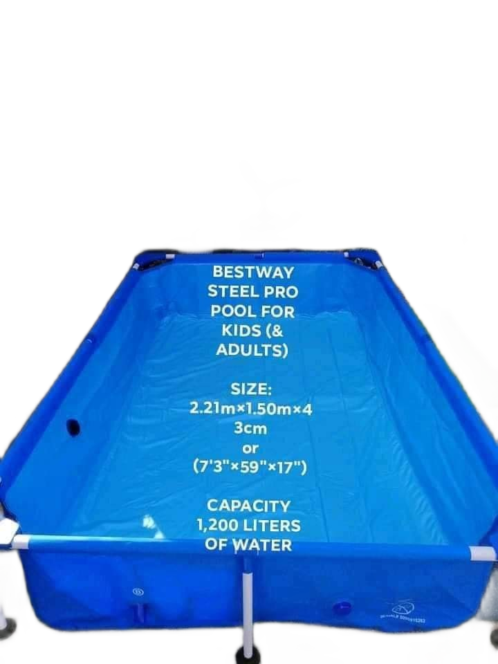 Backyard portable swimming pool with sturdy support frame, designed for family use and easy outdoor setup