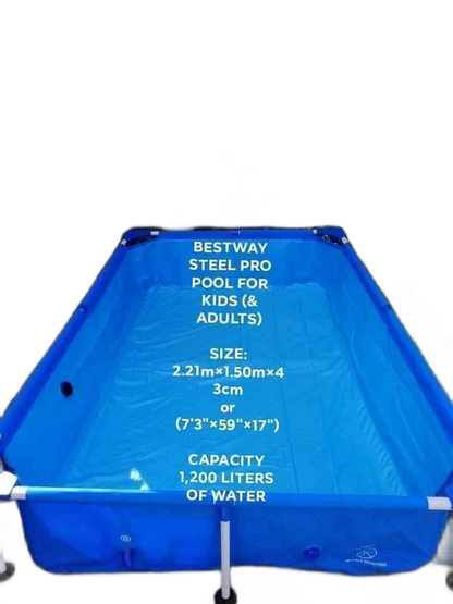 Backyard portable swimming pool with sturdy support frame, designed for family use and easy outdoor setup