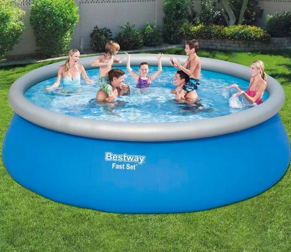 Round inflatable pool with portable design, ideal for backyard use with durable material and easy setup for family fun