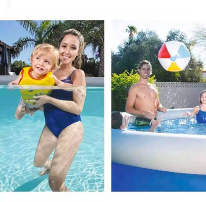 Circular swimming pool with inflatable build, portable design for easy setup and family outdoor relaxation time
